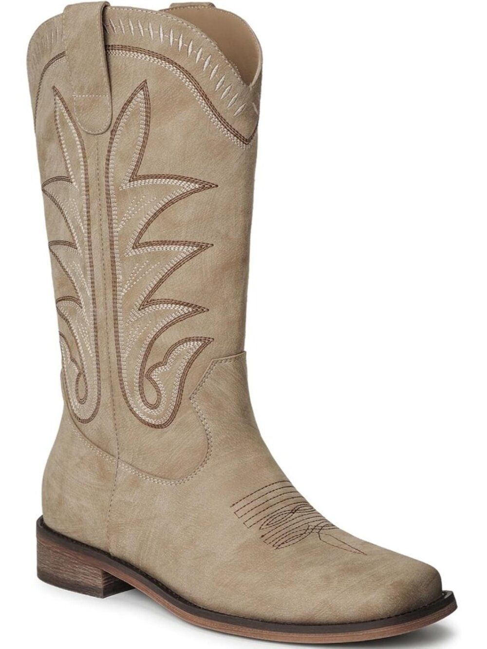 Women's Beige Western Wide Square Toe Cowgirl Boots Mid Calf Country Boots